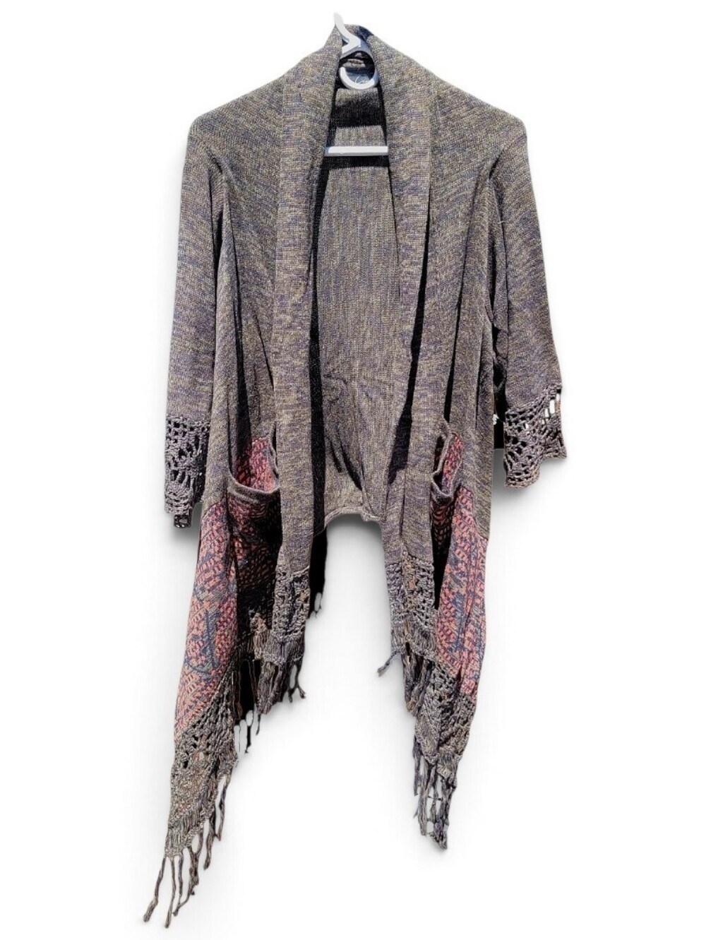 Boho Crochet-Trim Open Cardigan Sweater - Green with Pink/orange Pattern